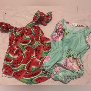 Source Unknown Red Watermelon & Mint Green Floral Baby Rompers